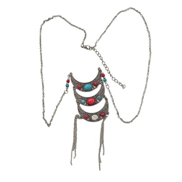 Bohemian Silver-Tone Crescent Pendant Necklace Turquoise & Red Beads 18" READ - Picture 2 of 6